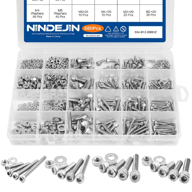NINDEJIN 880Pcs Screw Nuts and Bolts Assortment Kit, M2 M3 M4 M5 Metric Bolts and Nuts and Washers Set, 304 Stainless Steel Precise Hex Socket Head Cap Machine Screws Set with Allen Wrenches - Image 1